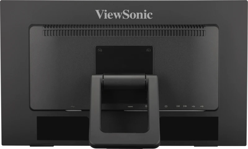 Egy fekete ViewSonic monitor hátulnézete. Van egy állványa, portjai, és a márkanév felül. A hátulja sötétszürke.