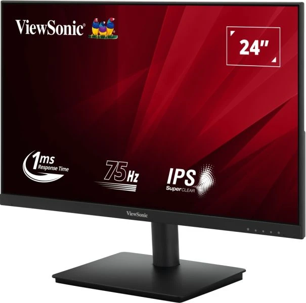 ViewSonic 24" monitor. Fekete keret, állvány és talp. Piros háttér fehér szöveggel: 1ms válaszidő, 75Hz, IPS. ViewSonic logó.