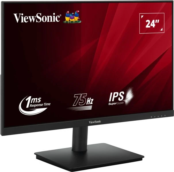 ViewSonic 24 hüvelykes monitor. Fekete állványa és kerete van. A képernyő piros grafikákat és specifikációkat jelenít meg, mint például 1ms és 75Hz.