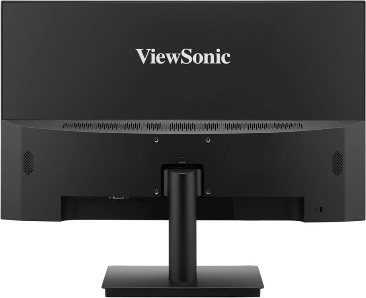 Egy fekete ViewSonic monitor hátulja, portokkal, állvánnyal és hangszóró rácsokkal. A ViewSonic logója középen található.