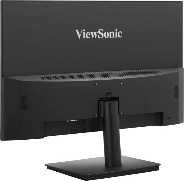 Egy fekete ViewSonic monitor hátulja. Van egy állványa, szellőzőnyílásai és a ViewSonic logó.