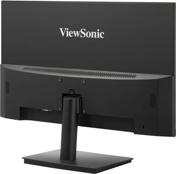 Egy fekete ViewSonic monitor hátulja. Van állványa és talpa. A ViewSonic logója látható felül.