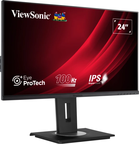 ViewSonic 24" monitor. Fekete keret, piros-fekete képernyő, 'Eye ProTech' és '100Hz' felirattal. Madár logó felül.