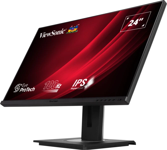 Egy fekete ViewSonic 24" monitor. A képernyő piros grafikát jelenít meg. Jellemzői az IPS, 100 Hz és az Eye ProTech.