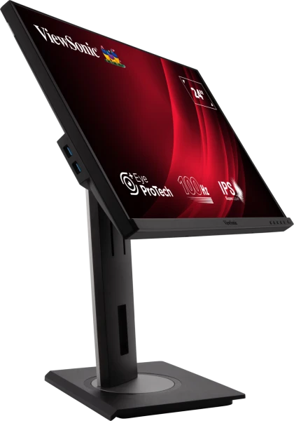 Egy fekete ViewSonic 24"-es monitor. A képernyő piros gradienssel és fehér szöveggel jelenik meg. A monitor fekete állványon áll.