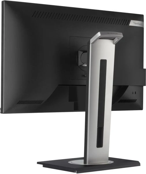 Egy ViewSonic monitor hátulja látható. A monitor fekete, ezüst állvánnyal. Az állvány téglalap alakú talppal rendelkezik.