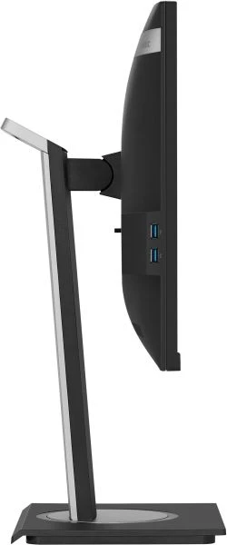 Egy fekete számítógép-monitor oldalsó nézete ezüst és fekete állvánnyal. Két USB-port látható az oldalon.