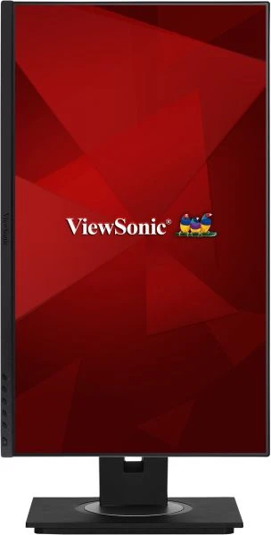 ViewSonic monitor. Piros háttér geometriai formákkal. ViewSonic logó és madarak felül. Fekete állvány és keret.