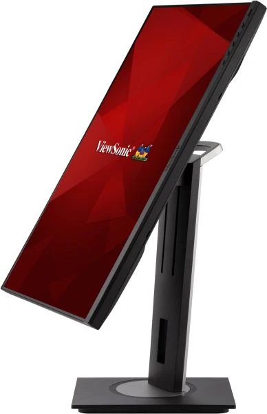 Egy döntött ViewSonic monitor piros-fekete képernyővel. Az állvány fekete és ezüst.