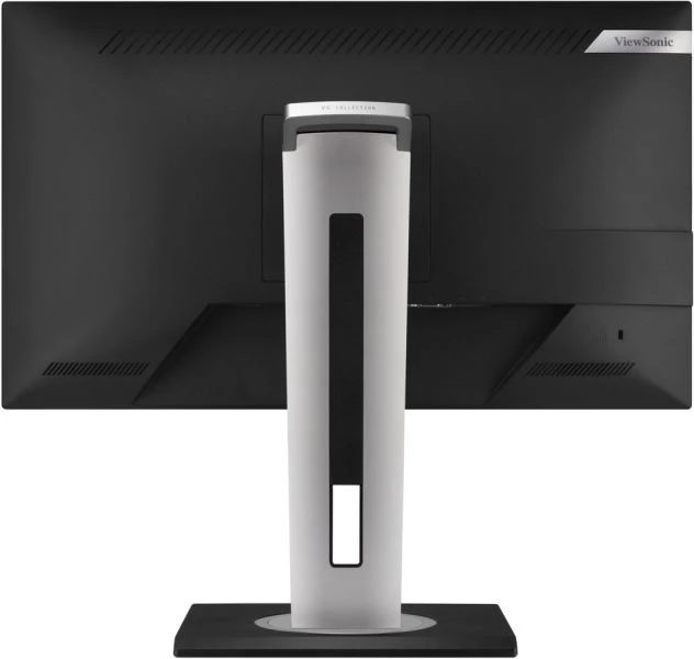 Egy fekete ViewSonic monitor hátulnézete ezüst állvánnyal. Az állványon egy téglalap alakú kivágás látható. A ViewSonic logó látható.
