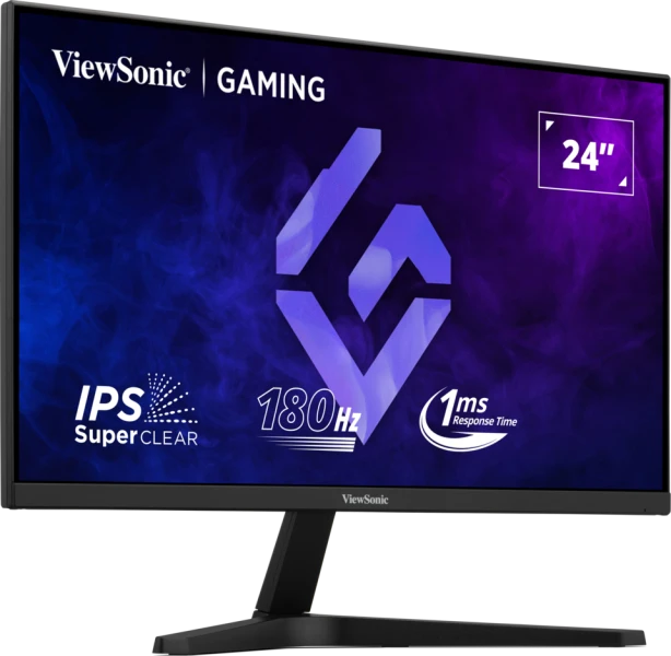 ViewSonic gaming monitor. Jellemzők: 24", IPS, 180Hz, 1ms válaszidő. Fekete keret, stilizált logóval, kék háttéren.