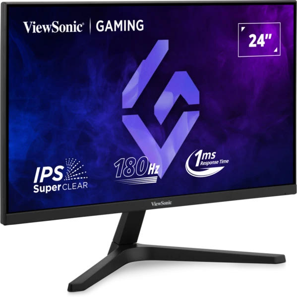 Egy fekete ViewSonic gamer monitor. 24"-es kijelzővel, 180 Hz-es frissítési frekvenciával, 1 ms válaszidővel és IPS SuperClear technológiával.