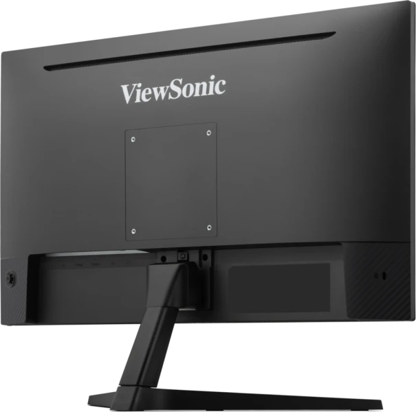 Egy fekete ViewSonic monitor hátulja látható. Van egy állványa és egy téglalap alakú panelje.