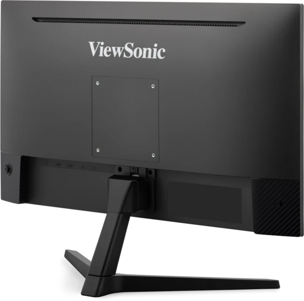 Egy fekete ViewSonic monitor hátulnézete. Talppal és rögzítési pontokkal rendelkezik. A ViewSonic logója felül található.