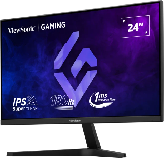Egy fekete ViewSonic gamer monitor, 24 hüvelykes képernyővel. Jellemzők: 180Hz, 1ms válaszidő és IPS SuperClear technológia.