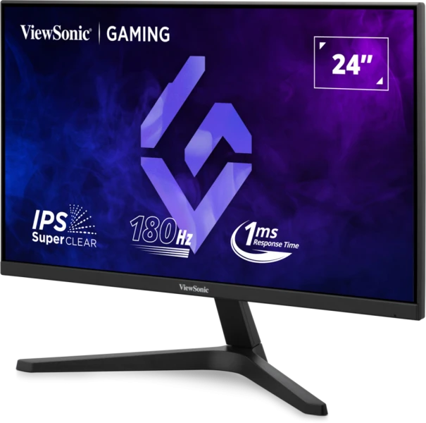 ViewSonic gaming monitor. Fekete keret, 24 hüvelykes képernyő, IPS-sel, 180 Hz-cel és 1 ms válaszidővel. Lila és kék háttér.