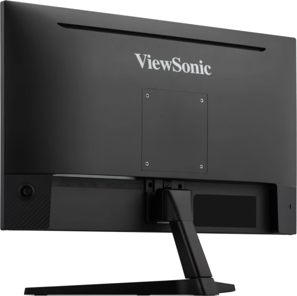 Egy fekete ViewSonic monitor hátulja, a márka logójával és egy állvánnyal. A dizájn egy téglalap alakú panelt tartalmaz csavarokkal.