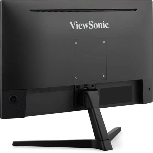 Egy fekete ViewSonic monitor hátulról. A tartóláb és a hátlap látható. A márkanév rá van nyomtatva.
