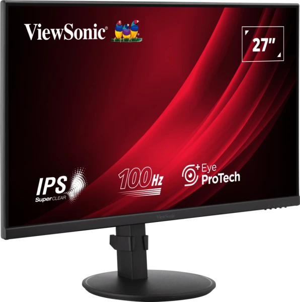 Egy 27 hüvelykes ViewSonic monitor piros-fekete képernyővel. Jellemzők: 100 Hz, Eye ProTech és IPS SuperClear technológia.