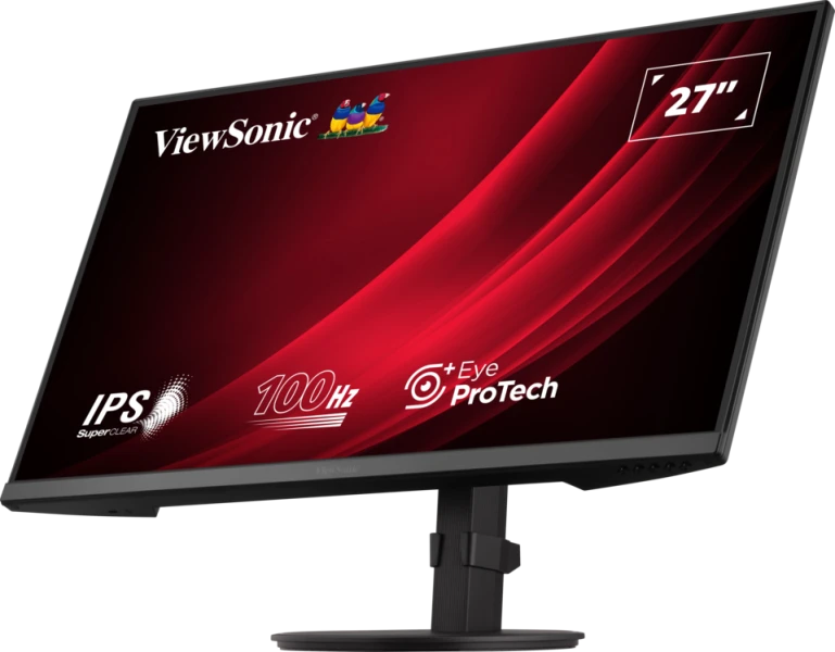 Egy 27 hüvelykes ViewSonic monitor piros-fekete képernyővel. Jellemzői: IPS, 100 Hz és Eye ProTech. A monitor fekete állványon van.