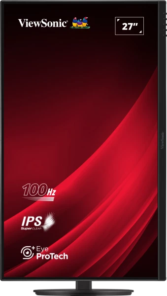 Egy ViewSonic 27 hüvelykes monitor piros és fekete színátmenetes háttérrel. Jellemzői a 100 Hz, az IPS és az Eye ProTech. A ViewSonic logója felül található.