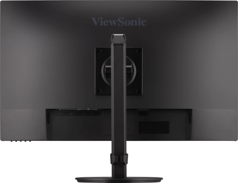 Egy fekete ViewSonic monitor hátulról. Központi állvánnyal és alsó portokkal rendelkezik. A ViewSonic logója felül látható.