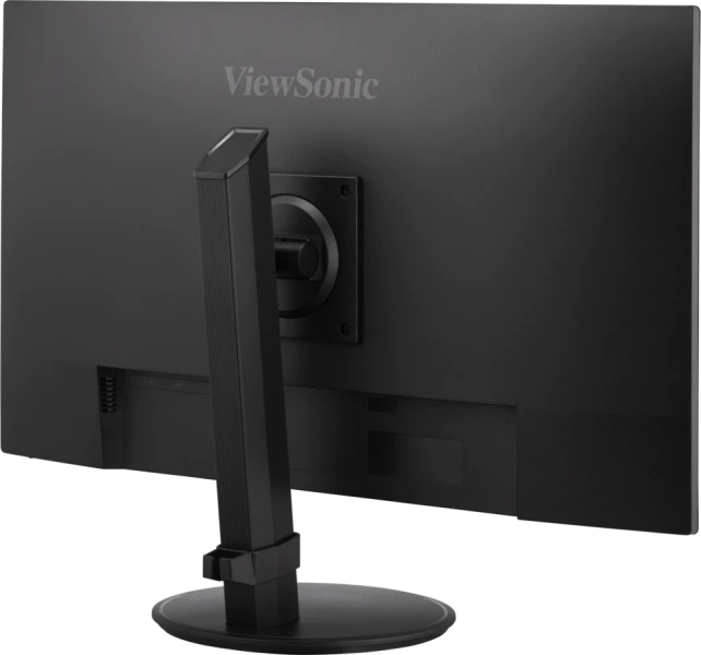 Egy fekete ViewSonic monitor hátulja. Látható az állvány és az alap. A ViewSonic logója felül található.