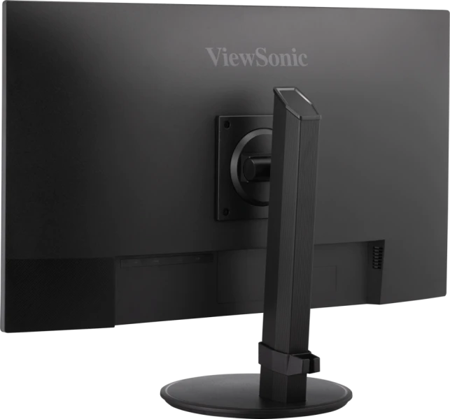 Fekete ViewSonic monitor hátulról. A tartó látható. A ViewSonic logója a felső középen található. A tartó a monitor hátuljához van csatlakoztatva.