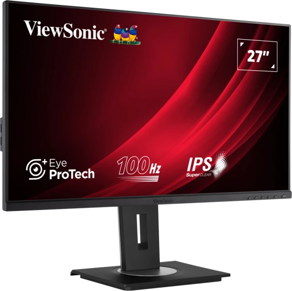 ViewSonic 27" monitor. Jellemzői az Eye ProTech, 100Hz-es frissítési frekvencia és az IPS SuperClear technológia. Fekete állványa van.
