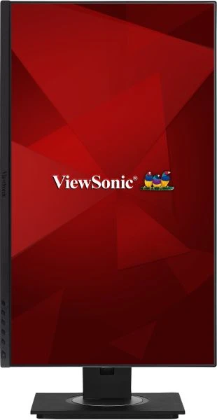Egy ViewSonic monitor. Piros háttérrel, geometrikus mintával, a márka logójával, fekete kerettel és állvánnyal rendelkezik.