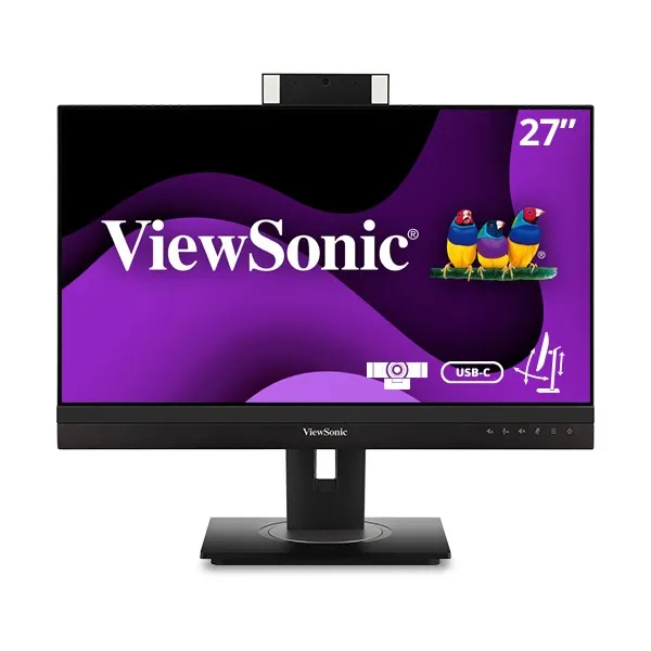 ViewSonic 27"-es monitor beépített webkamerával. A képernyő lila hullám mintát és színes madarakat mutat.