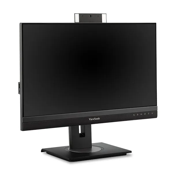 Egy fekete ViewSonic monitor beépített webkamerával. Fekete állványon van, fehér háttérrel.