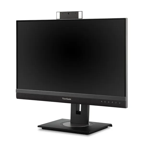 Egy fekete ViewSonic monitor beépített webkamerával egy fekete állványon áll. A képernyő fekete, a keret szürke.