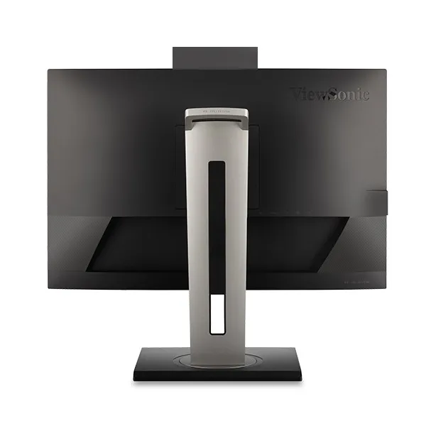 Egy fekete számítógép-monitor hátulnézete ezüst állvánnyal. A ViewSonic logó látható. Az állvány középen van.