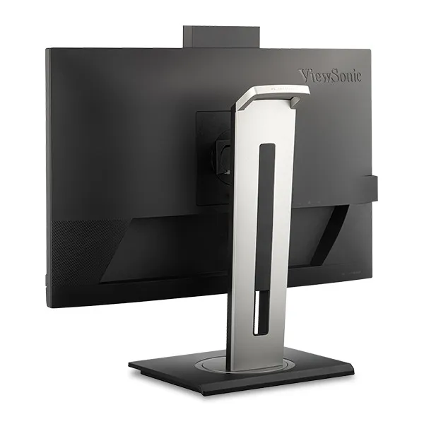 Egy ViewSonic monitor hátulról. Fekete képernyője, ezüst állványa és fekete talpa van. A ViewSonic logó látható.