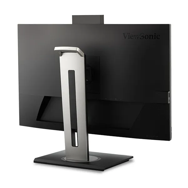 A ViewSonic monitor hátulról. A monitor fekete, ezüst állvánnyal. A ViewSonic logó látható a hátoldalon.