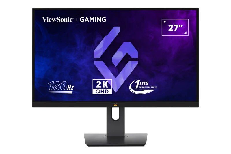 ViewSonic gamer monitor. 27 hüvelyk, 180Hz, 2K QHD, 1ms válaszidő. Fekete keret, állvány. Lila és kék színátmenetes háttér.