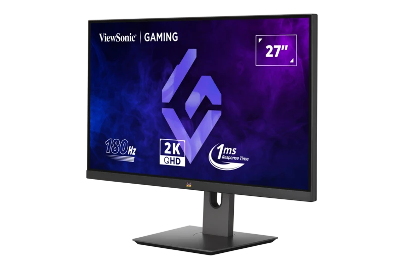 Egy 27"-es ViewSonic gaming monitor. 180 Hz, 2K QHD és 1 ms válaszidővel rendelkezik. A képernyő lila és fekete hátteret mutat.