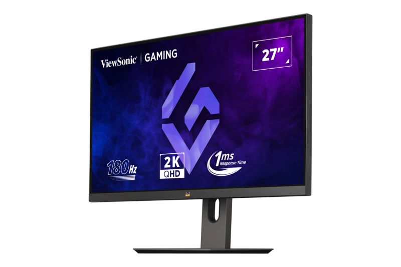 ViewSonic gamer monitor. Jellemzők: 27", 180Hz, 2K QHD és 1ms válaszidő. Lila és kék színátmenetes háttérrel.