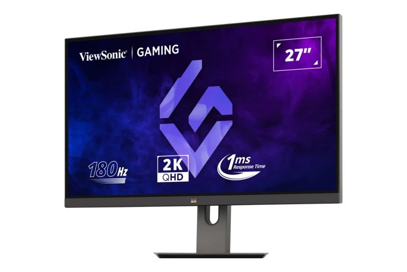 Egy ViewSonic gaming monitor. 27"-es képernyővel, 180 Hz-cel, 2K QHD-vel, 1 ms válaszidővel rendelkezik. A háttér kék és lila gradiens.