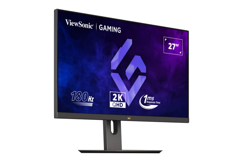 ViewSonic gamer monitor. Jellemzők: 27", 2K QHD, 180Hz és 1ms válaszidő. Szürke állvány és fekete keret fehér háttéren.