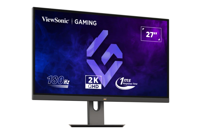ViewSonic gaming monitor. 27 hüvelykes kijelző 180 Hz-es frissítési frekvenciával, 2K QHD-vel és 1 ms-os válaszidővel. Kék-lila háttér.