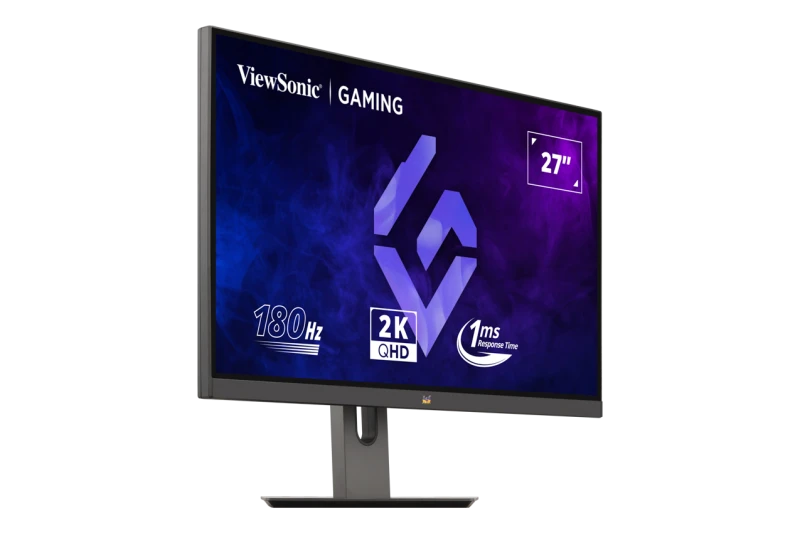 Egy ViewSonic gaming monitor 27 hüvelykes képernyővel, 180Hz frissítési frekvenciával és 1ms válaszidővel. A képernyő kék és lila grafikát jelenít meg.