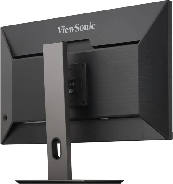 Egy ViewSonic monitor hátulja. Sötétszürke képernyője, ezüst állványa és a ViewSonic logója látható.