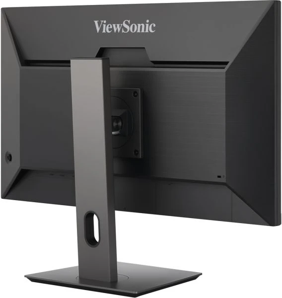 Egy ViewSonic monitor hátulról. Sötétszürke, állvánnyal és ViewSonic logóval. Az állványon egy lyuk található.