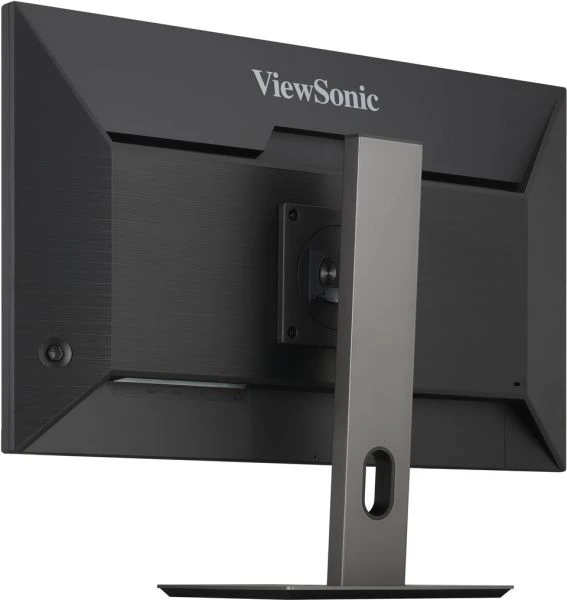 Egy ViewSonic monitor hátulja. Fekete teste, ezüst állványa és rögzítőkonzola van. Látható a ViewSonic logója.
