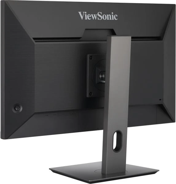 Egy fekete ViewSonic monitor hátulja. Ezüst állványa van, négyzet alakú alappal és nyílással. A ViewSonic logó látható.