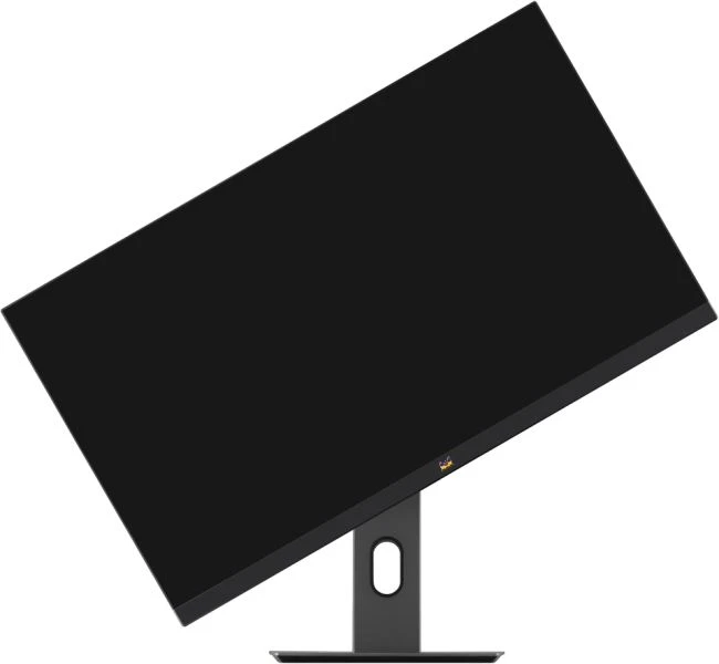 Egy fekete számítógép monitor balra dőlve. A monitor egy sötétszürke állványon van, téglalap alakú alappal.