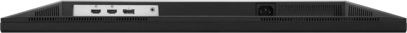 Fekete monitor hátulja portokkal. HDMI-t, hangot és tápbemenetet tartalmaz.