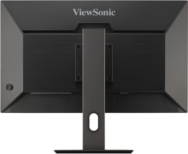 Egy ViewSonic monitor hátulja. Sötétszürke, állvánnyal. A ViewSonic logója felül. A csatlakozók alul láthatók.